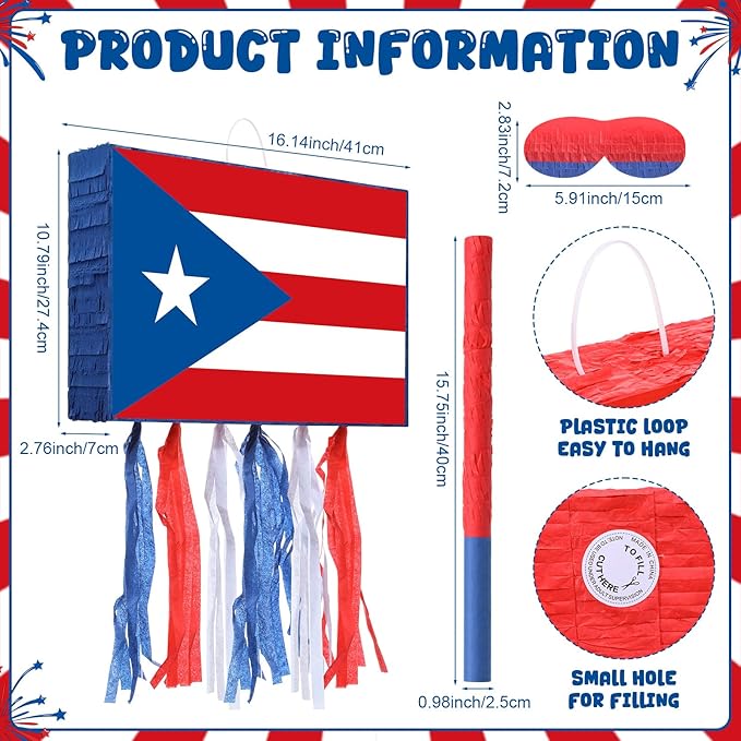 Puerto Rico Flag Piñata Red White and Blue Small Piñata Set with Bat and Blindfold for Puerto Rico Party Games National Day Patriotic Festival Supplies Holiday Decorations