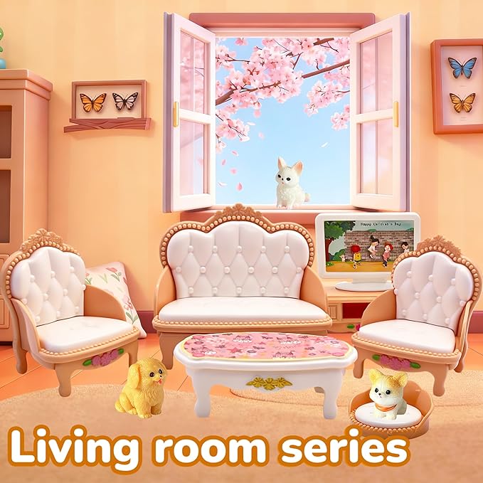 Dollhouse Furniture Set, 38 Pcs Miniature Doll House Accessories with Dogs and Cat ，Kitchen Bedroom Living Room Bathroom Furniture, Toy for Kids Ages 3+ Boys Girls, Great Gift Idea