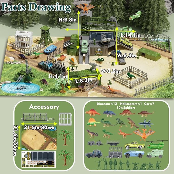 Military Dinosaur Battle Playset, 56 Piece Army Toy Set Soldier Figures, Military Vehicles (Helicopter, Je-ep, Trucks), Cannon, Tents & Battle Mat, Educational STEM Toys for Boys Ages 3-12
