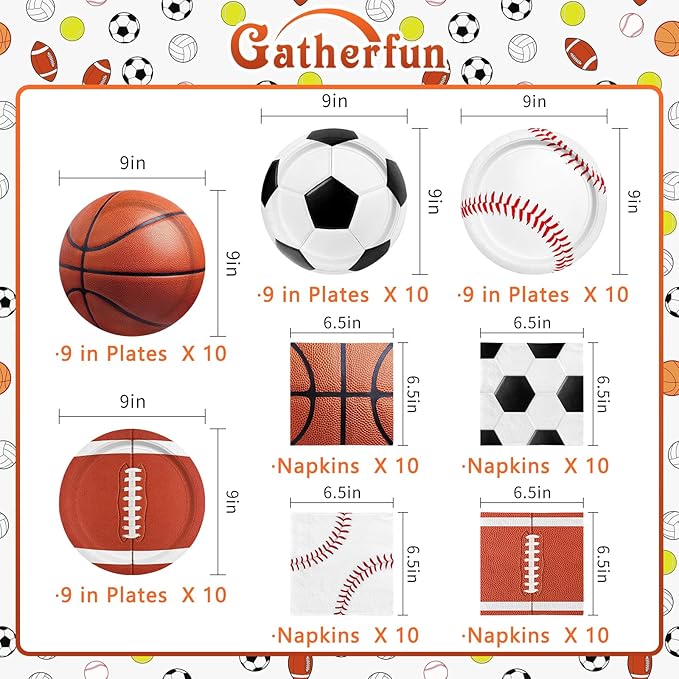 Gatherfun Sports Themed Birthday Party Kit for 40 - Includes Sports Themed Plates and Napkins for Boys Sports Theme Party Decorations Supplies