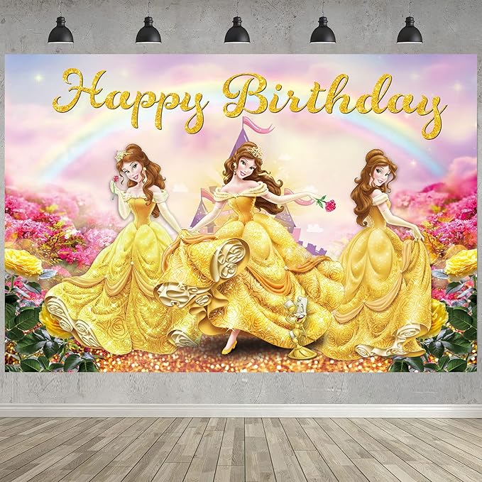 Princess Belle Birthday Party Decoration,Photo Background 5 x 3 FT, 18 Pcs Balloons,Beauty and Beast Merch Party Backdrop Supplies