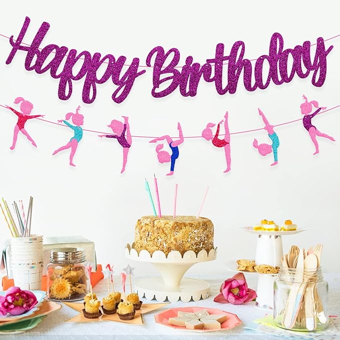 Gymnastics Birthday Banner Gymnast Theme Decoration Glitter Purple Happy Birthday Garland for Girl Gymnastics Bday Party Supplies