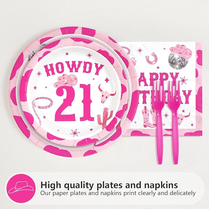 96Pcs My 21st Rodeo Birthday Decorations Western Cowgirl Howdy 21st Birthday Plates and Napkins Disco Cowgirl Decoration Favors for Girls 21 Years Old Bday Western Theme Party Supplies Serves 24