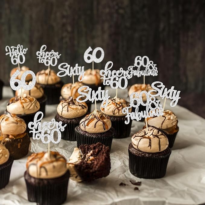 30Pcs Happy 60th Birthday Cupcake Toppers Silver Glitter Sixty Cake Toppers Cheers to 60 Years Old Birthday Cupcake Picks for 60th Anniversary Party Cake Decorations Supplies