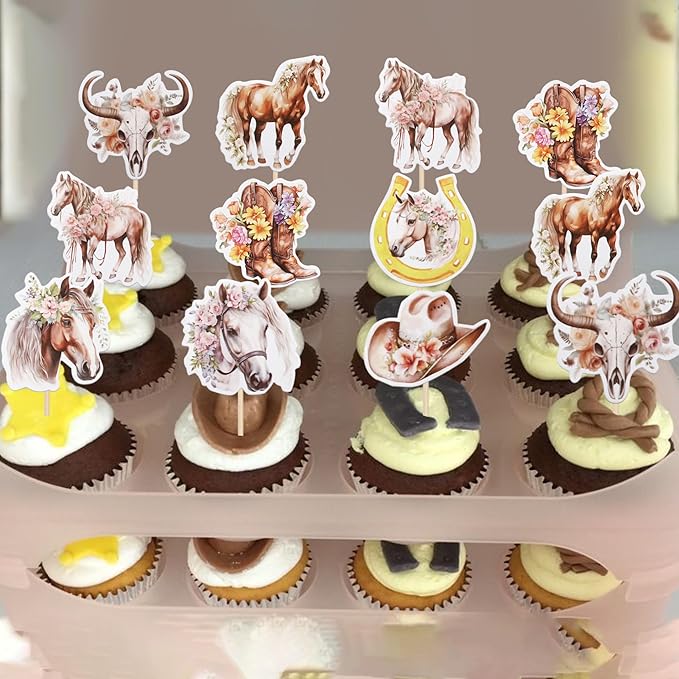 ZHUOWEISM 40 PCS Horse Cupcake Toppers - Western Cowgirl Cupcake Picks - Floral Horseshoe Hat Boots - Cake Decorations for Horse Theme Parties, Baby Showers, Girls Birthday Parties - Pattern A8