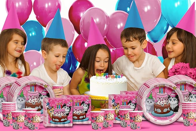 Kitty Cat Pink Kitten Birthday Party Supplies Set Plates Napkins Cups Tableware Kit for 16