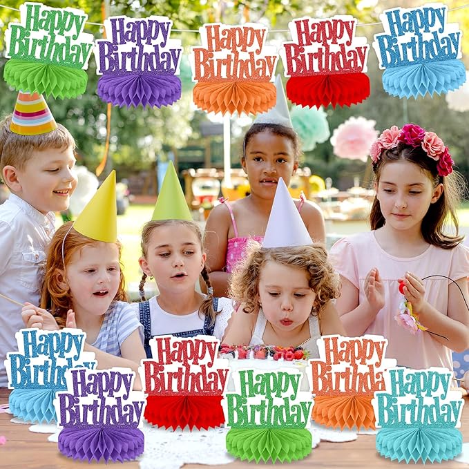 12Pcs Happy Birthday Centerpieces Colorful Birthday Party Decorations Glitter Happy Birthdays Table Honeycomb Centerpieces Decor Table Toppers Ornaments for Glitter Bday Themed Party Supplies Favors