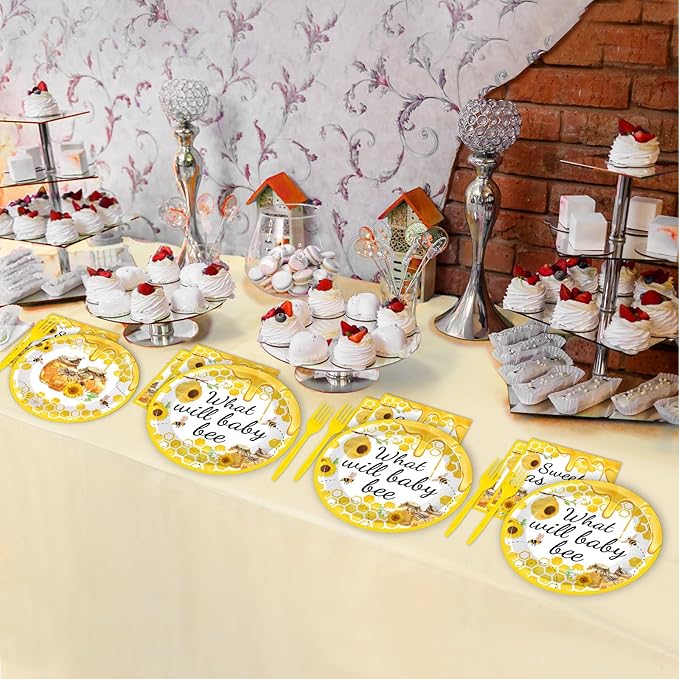 gisgfim 96Pcs Bee Party Supplies Bee Baby Shower Paper Plates and Napkins What Will Baby Bee Gender Reveal Party Dinnerware Set Honey Bumble Birthday Party Tableware Decorations Favors Serve 24