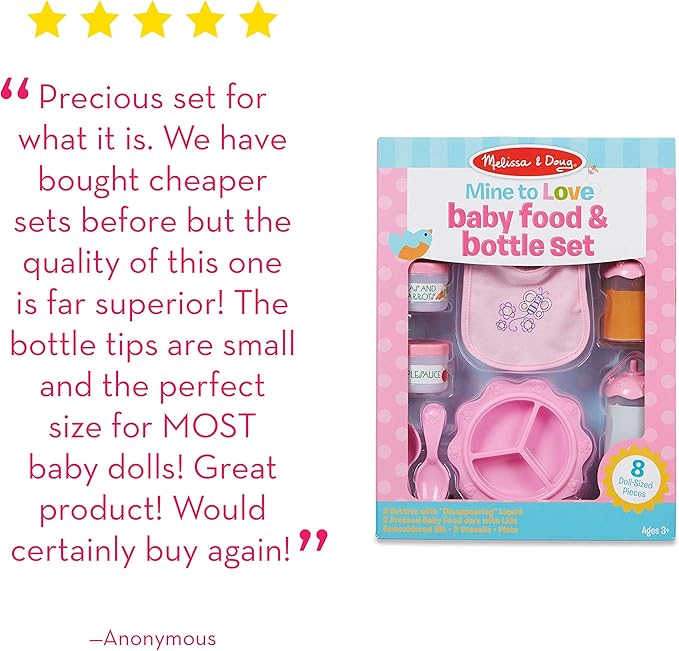 Melissa & Doug Mine to Love Baby Food & Bottle Play Set for Feeding Dolls Baby Doll Feeding Set, Disappearing Milk Bottle Toy for Kids 3+