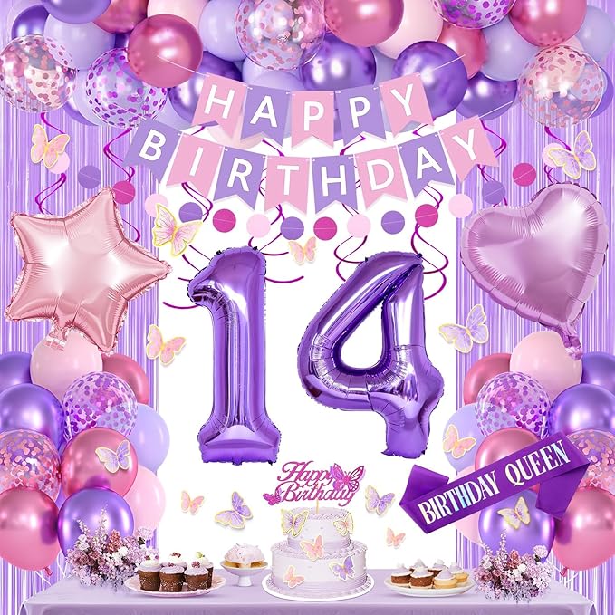 14th Purple Birthday Decorations for Girls, Pink and Purple Happy 14 Birthday Party Decorations with Happy Birthday Banner, Number Foil Balloons, Butterfly Cake Topper for 14th Party Supplies