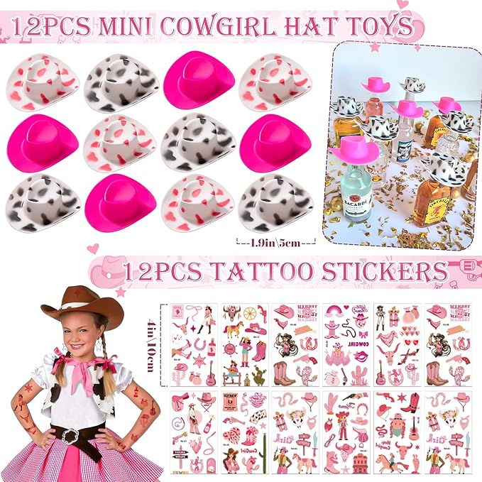 Winrayk 124Pcs Cowgirl Party Favors Hot Pink Birthday Supplies for Girls, Gift Bags Straws Silicone Wristband Mini Hat Keychain Tattoo Sticker, Hot Pink Rodeo Horse Disco Cowgirl Party Favors Supplies