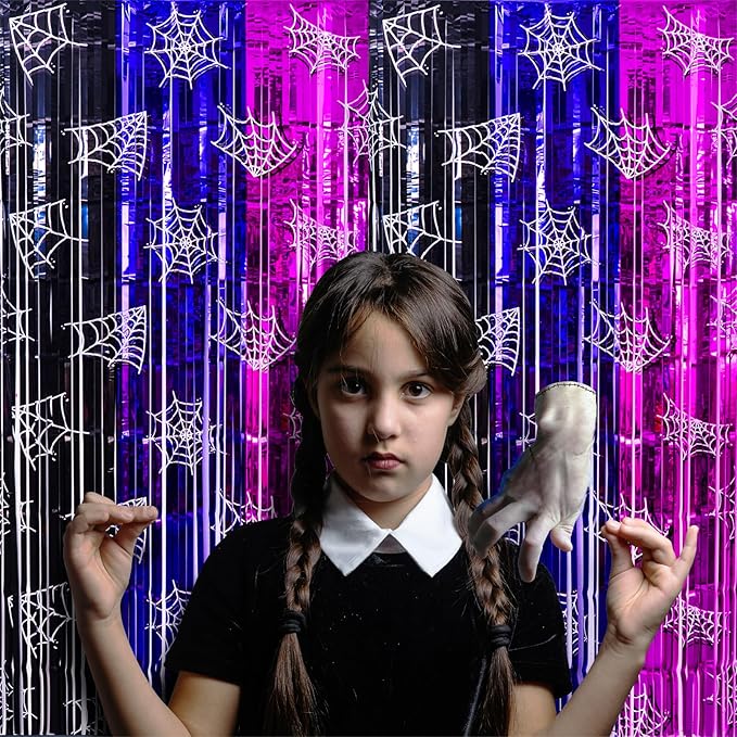 Wednesday Birthday Party Supplies, 2 Pack Wednesday Party Decorations 3.3x6.6ft Black Purple and Pink Tinsel Foil Fringe Curtains, Gothic Photo Booth Prop Backdrop Streamer for Girl in Dark