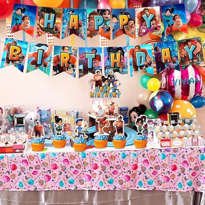 Wreck It Party Decorations,Ralph Birthday Party Supplies Includes Banner - Cake Topper - 12 Cupcake Toppers - 18 Balloons