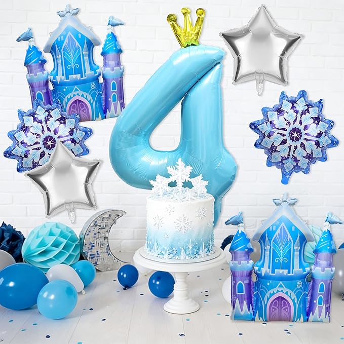 7Pcs 4th Birthday Party Decorations Balloons,Winter Snowflake Balloons Large Blue 40 Inch Number 4 Balloon Foil Star Castle Ballon for Birthday Party Favor Decor Supplies Winter Wonderland Decoration
