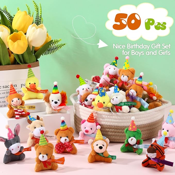 Skylety 50 Pcs Mini Stuffed Animals Bulk Cute Safari Jungle Small Plush Doll Toy Set Tiny Plush Keychain Decoration for Easter Party Favor Gift Carnival Classroom Prize(Birthday Animals,Classic Color)