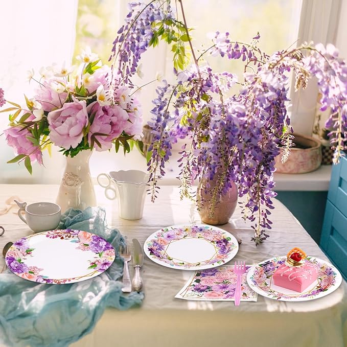 Grencian 96Pcs Spring Floral Party Supplies Pink Purple Flowers Paper Plates and Napkins Disposable Spring Floral Tableware Set for Wedding Bridal Shower Baby Shower Mother’s Day Tea Party, Serves 24