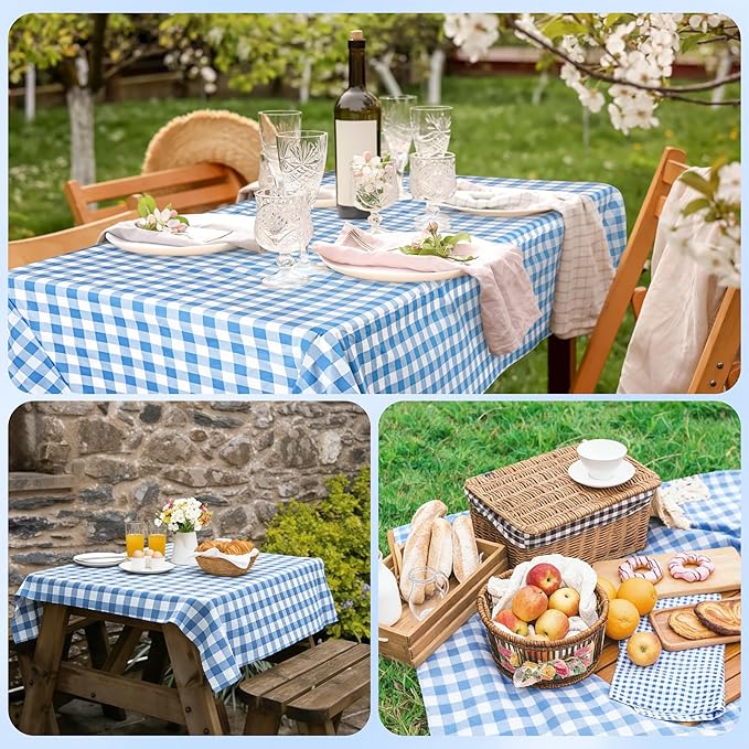 Kochorie 54 Inch x 300 Ft Light Blue Checkered Plastic Table Cloth Roll Disposable Waterproof Table Cover Plastic Table Cover Roll with Easy Slide Cutter for Outdoor Picnic/Home Dining/Spring Party