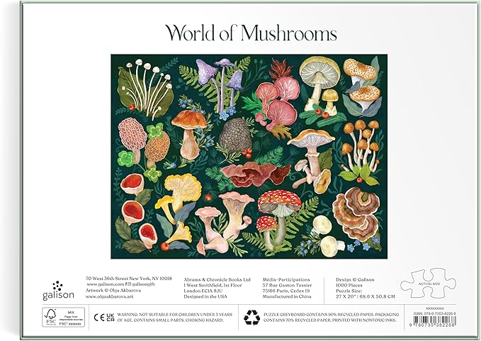 Galison World of Mushrooms – 1000 Piece Jigsaw Puzzle Featuring Beautiful Painted Artwork of A Mushroom and Fungi Collection