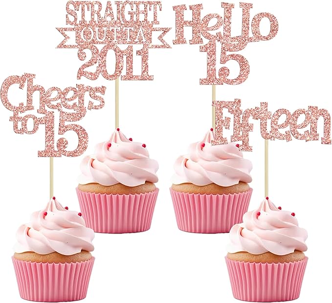 Ephlyn 24Pcs 15th Birthday Cupcake Toppers Glitter Straight Outta 2011 Cupcake Picks Hello 15 Cheers to 15 Years Cake Decorations for 15th Birthday Anniversary Party Decorations Supplies Rose Gold