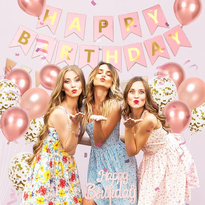 Rose Gold Birthday Decorations For Girl Woman, Happy Birthday Party Decorations With Metallic Pearl Rose Gold Confetti Latex Balloons Banner Fringe Curtain Cake For Party Decor
