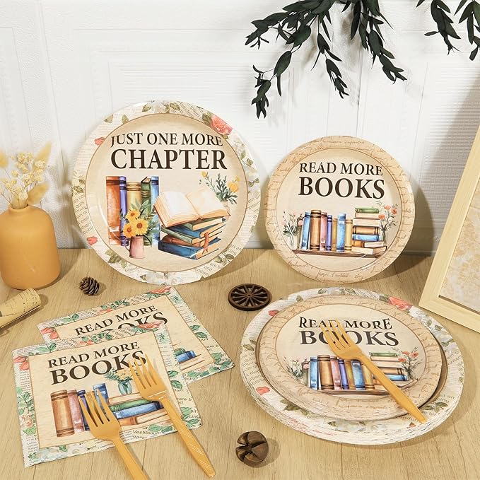 96Pcs Reading Theme Party Supplies Read More Books Paper Plates and Napkins Book Themed Birthday Decorations Vintage Reading Disposable Tableware Set for Birthday Picnic BBQ Baby Shower Serves 24