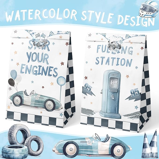 Race Car Party Favor Bags - 24 Pcs with Stickers - Watercolor Race Car Themed Birthday Party Supplies
