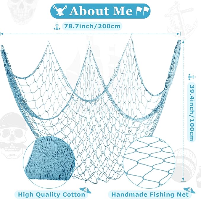 Shappy 2 Pcs Fish Net Decorative 80 x 40 Inch, Wall Hanging Fishnet for Mermaid, Pirate, Nautical, Under the Sea Party Decoration Ocean Themed Hawaii Beach Birthday Halloween Party Supplies(Blue)