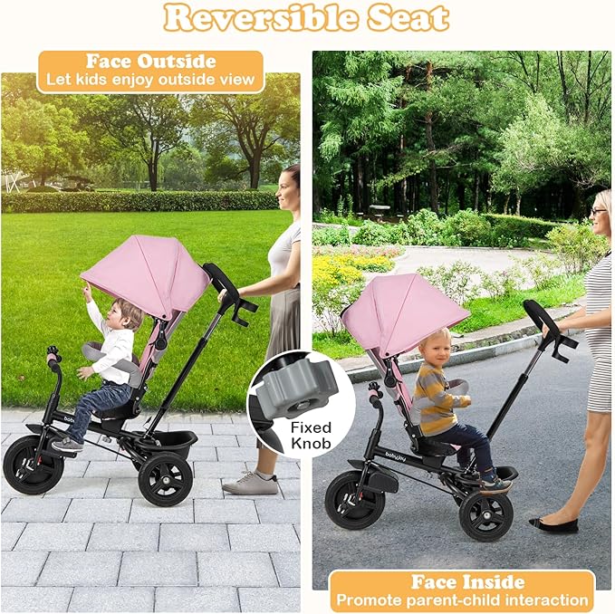 BABY JOY Tricycle, 6 in 1 Trike for Toddler w/Reversible Seat, Adjustable Canopy & Parent Handle, 5-Point Safety Belt, PU Wheels and Storage Basket, Push Tricycle for 9-60 Months (Pink)