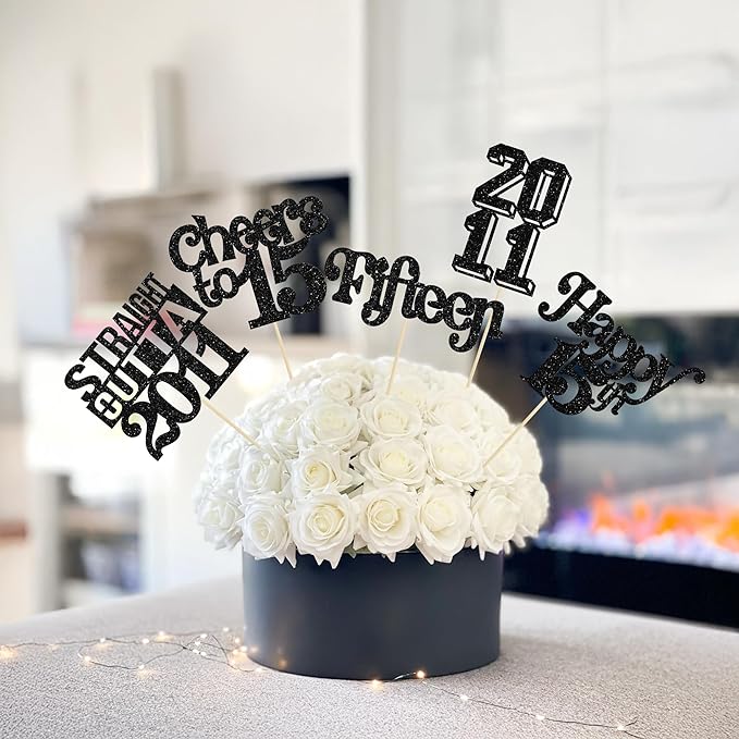 Gyufise 15Pcs Happy 15th Birthday Centerpiece Sticks Fifteen Straight Outta 2011 Table Flower Centerpieces Sticks for Cheers to 15th Birthday Party Supplies Black
