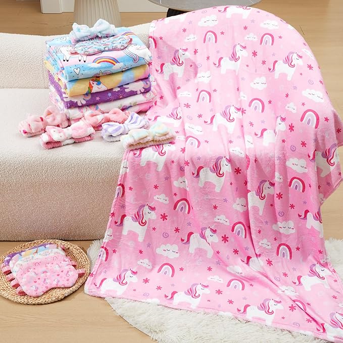 18 Pcs Sleepover Party Supplies for Girls, 6 Style Multicolor Blanket 6 Coral Fleece Spa Headband 6 Eye Mask Cover for Slumber Sleepover Spa Party (Unicorn)