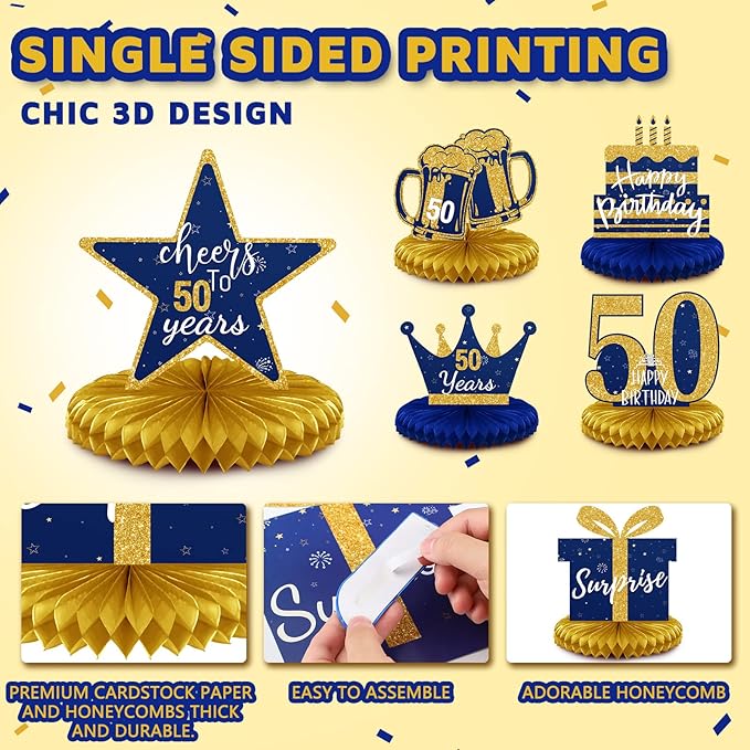 Spakon 8 Pieces Blue Gold 50th Birthday Table Decorations 50th Birthday Honeycomb Centerpieces Glitter Table Toppers Blue and Gold Party Decorations for Men and Women Party Supplies