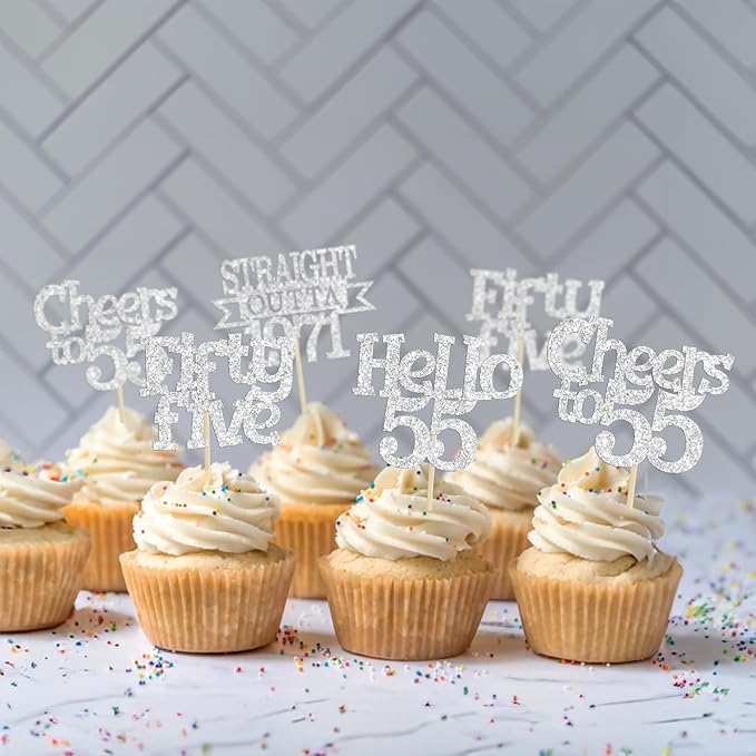 Ephlyn 24Pcs 55th Birthday Cupcake Toppers Glitter Straight Outta 1971 Cupcake Picks Hello 55 Cheers to 55 Years Cake Decorations for 55th Birthday Anniversary Party Decorations Supplies Silver