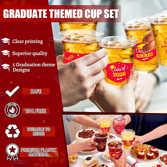 GuassLee Red Gold Graduation Decorations 2026 Party Cups - 50pcs 12 Oz Red and Gold Disposable Graduation Plastic Clear Cups for Drinks Class of 2026 Grad Party Supplies