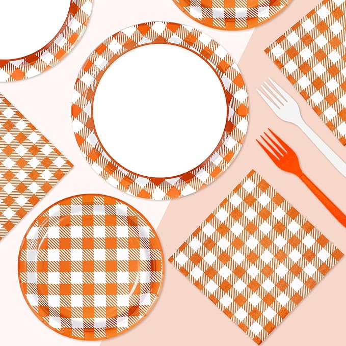 96Pcs Orange Gingham Party Supplies 350GSM Disposable Orange and White Buffalo Checked Paper Plates and Napkins Fall Tableware Set for Thanksgiving BBQ Picnic Baby Shower Birthday Party Decor Serves24