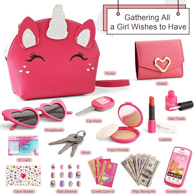 Toddler Purse for Little Girls 3-5 with Pretend Makeup Kit | Unicorn Kids Purse Accessories Play Fake Make up Set | Birthday Gifts for 4-6 Year Old Princess Toys
