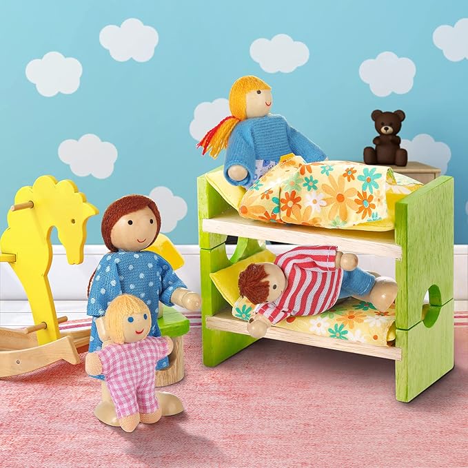 Wooden Doll House People of 8 Figures, Dolls Family Set for Girls Toddler Kids Dollhouse Accessories Toy