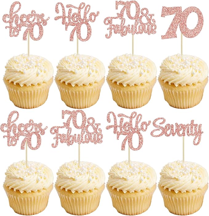 30Pcs Happy 70th Birthday Cupcake Toppers Seventy Cheers to 70 Years Old Birthday Cupcake Picks for 70th Anniversary Party Cake Decorations Supplies Rose Gold Glitter