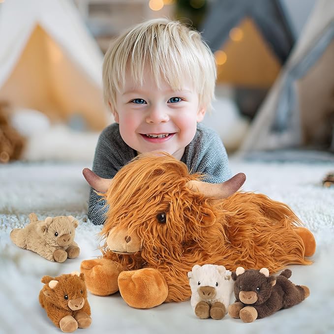 5PC Highland Cow Stuffed Animals with Babies Inside, 1 Mommy Highland Cow Plush & 4 Surprise Babies, Cute Soft Plush Toy for Kid Boy Girl Age 3-8, Gifts Ideal for Birthday, Christmas Imaginative Play