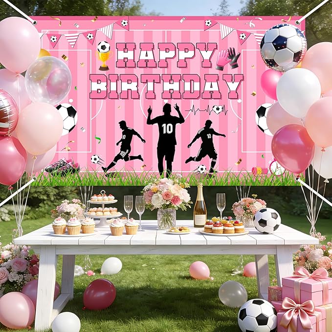 Avezano Scoccer Star Birthday Party Decorations Scoccer Sports Theme Happy Birthday Banner Backdrop Kids Teens Football 10th Birthday Party Celebrations Supplies (Pink, 6x3.6 ft)