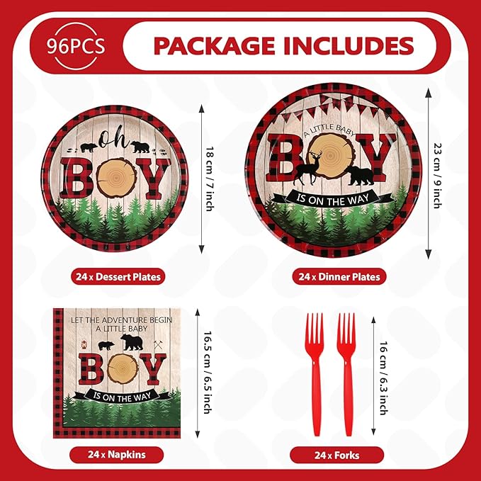 Lumberjack Baby Shower Party Decorations Buffalo Plaid Lumberjack Baby Boy Shower Plates and Napkins Set Wild Bear Forest A Little Baby Boy Decoration for Boys Camping Hunting Bear Supplies Serve 24