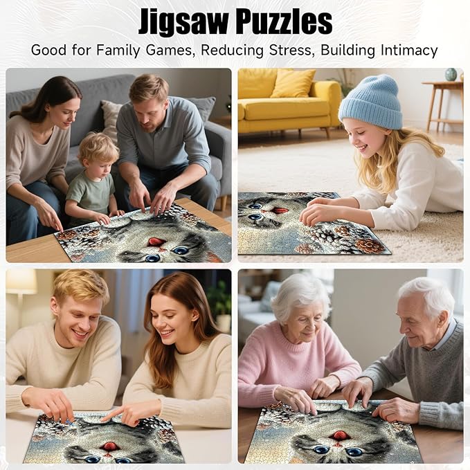 Cute Snowy Cat Puzzles for Adults 1000 Pieces, Winter Snowy Kitten Animal Jigsaw Puzzle with Letters on Back, 20x28 Inch Wall Art, Relaxing Family Game, Easter