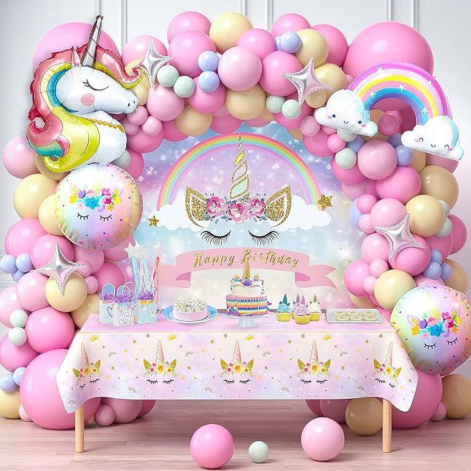 Winrayk 142Pcs Pink Unicorn Party Decorations Birthday Supplies for Girls, Pink Balloon Arch with Backdrop Tablecloth Large Self-designed Foil Balloons, Kids Rainbow Unicorn Theme Birthday Decorations