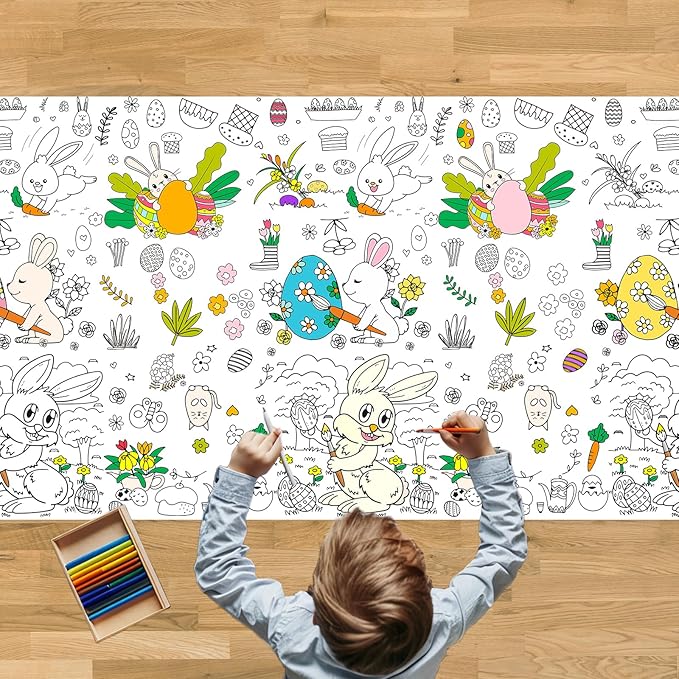 Spring Easter Coloring Tablecloth for Kids: 72x30 Inch Activity Poster Crafts, Classroom Game, Spring and Easter Paper Table Cloth & Cover, Bunny & Egg Tablecloth Banner Party Supplies Decoration