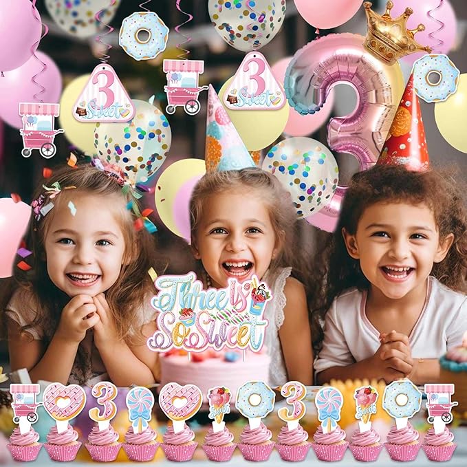 3rd Happy Birthday Decorations for Girls- third pink birthday decorations, ice cream birthday party decor With Donut Banner Sweet Cake Topper 3rd Foil Balloon For Three Donut Themed Party