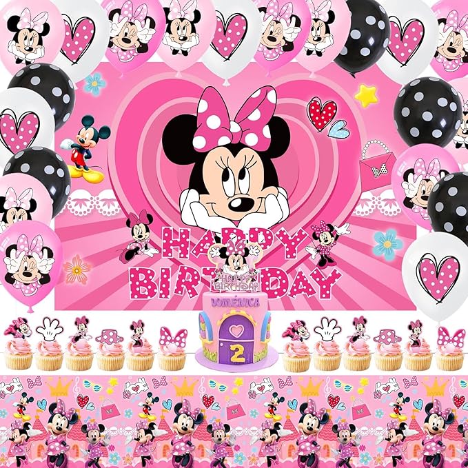 27 Psc For Minnie themed birthday party set, easy to assemble decorations including children's DIY cake toppers and background cloth set, perfect for children's birthday parties.