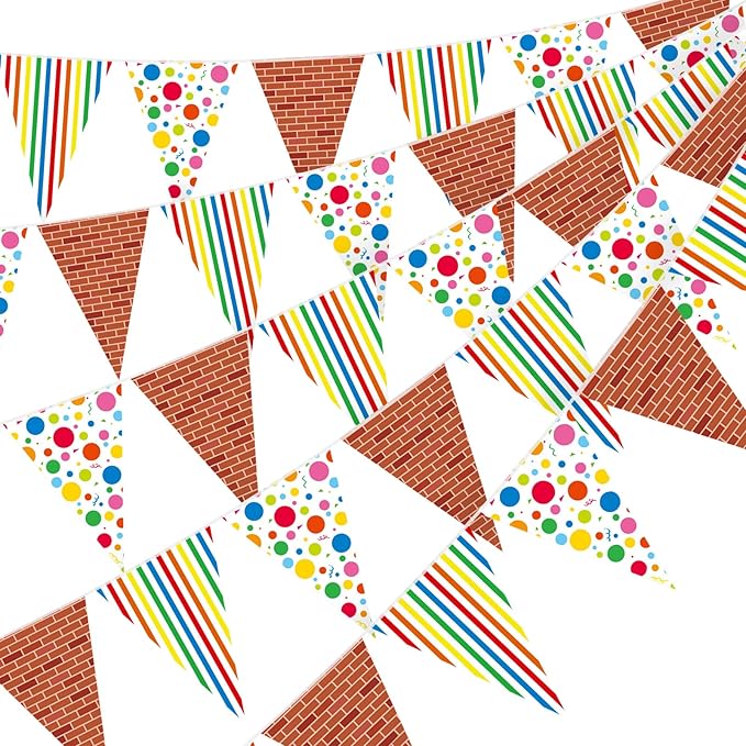 Jetec 5 Pcs 49 Ft Cartoon Friends Birthday Party Decorations Pennant Banner Red Brick Triangle Bunting Flags Green Blue Red Theme Party Supplies for Indoor Outdoor Hanging Decor Favors
