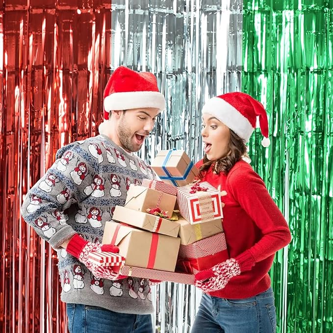 TONIFUL 3Pcs Red Silver Green Door Streamers,Photo Booth Backdrop Metallic Streamers Foil Fringe Curtains for Birthday,Christmas,New Year,Bachelorette,Grad Party Streamers Decor(9.9ft x 6.6ft)