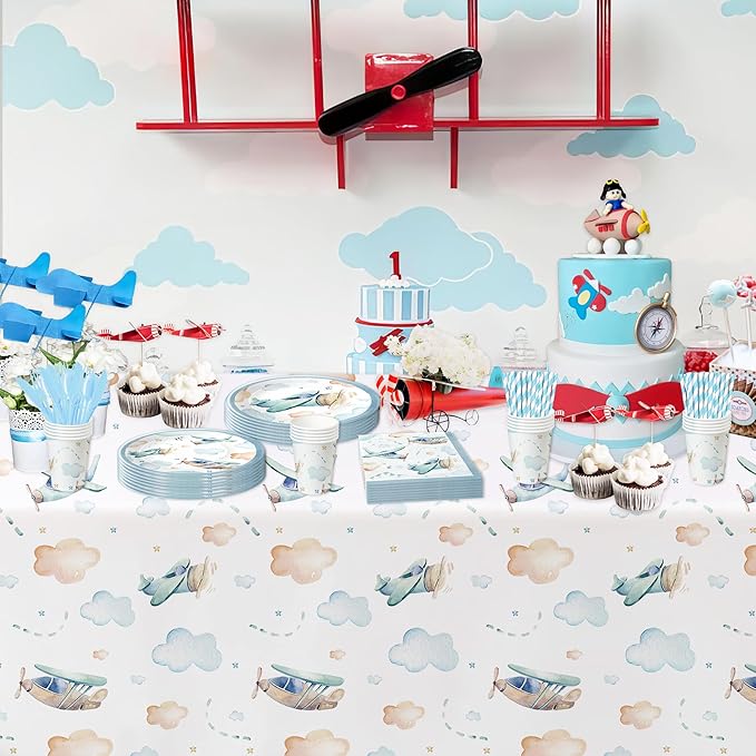 Airplane Party Decorations Tablecloth for Baby Shower Birthday - Disposable Airplane Birthday Party Supplies Tablecover - 3 Pack (54in x 108in)