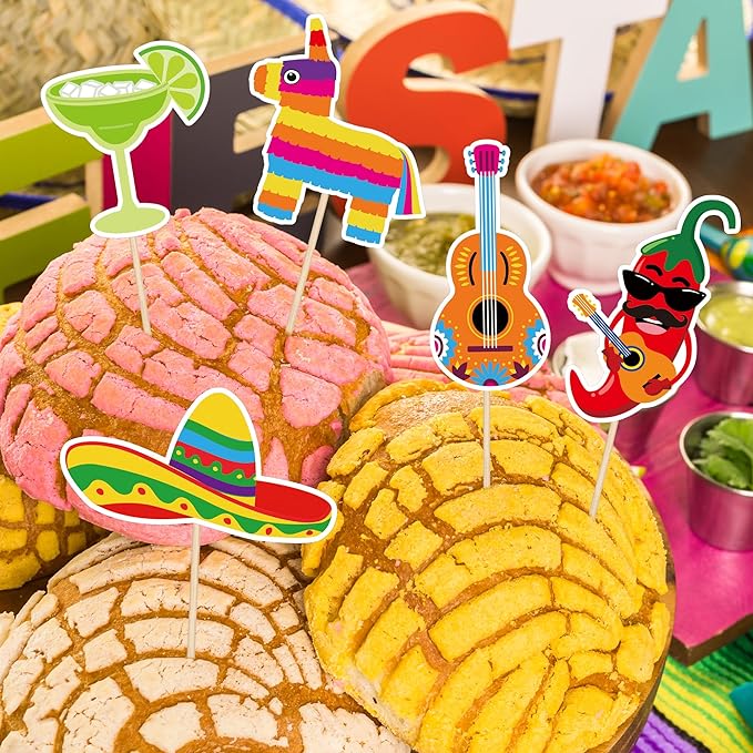24 PCS Cinco De Mayo Decorations, 12 Style Fiesta Cake Toppers, Cocktail Guitar Chili Design Cinco De Mayo Cupcake Toppers Mexican Toothpicks, Taco Party Decorations Mexican Decor for Fiesta Party