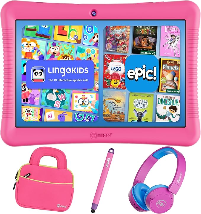 Contixo 10" Android Kids Tablet Bundle - 32GB, Epic! & Lingokids Educational Apps, Parental Controls, Kid-Proof Case w/Kickstand & Stylus, Headphones & Sleeve Bag - Pink